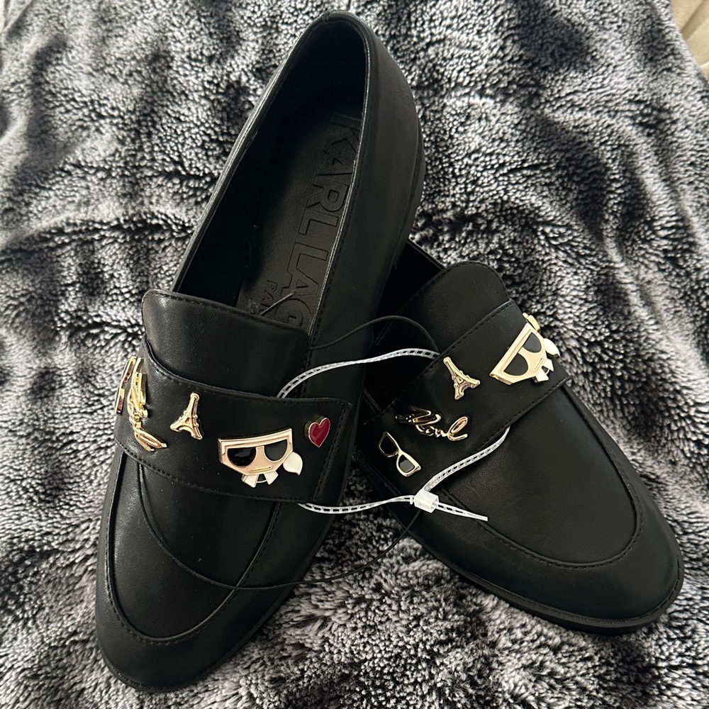 Karl Lagerfeld Black Loafers with Gold and Red Details